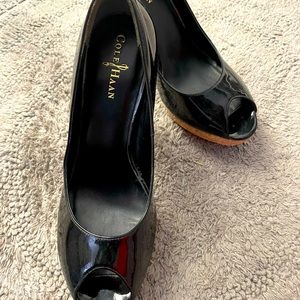 Cole Haan Nike Air Black Patent Peep Toe Cork Platform Pumps 9.5